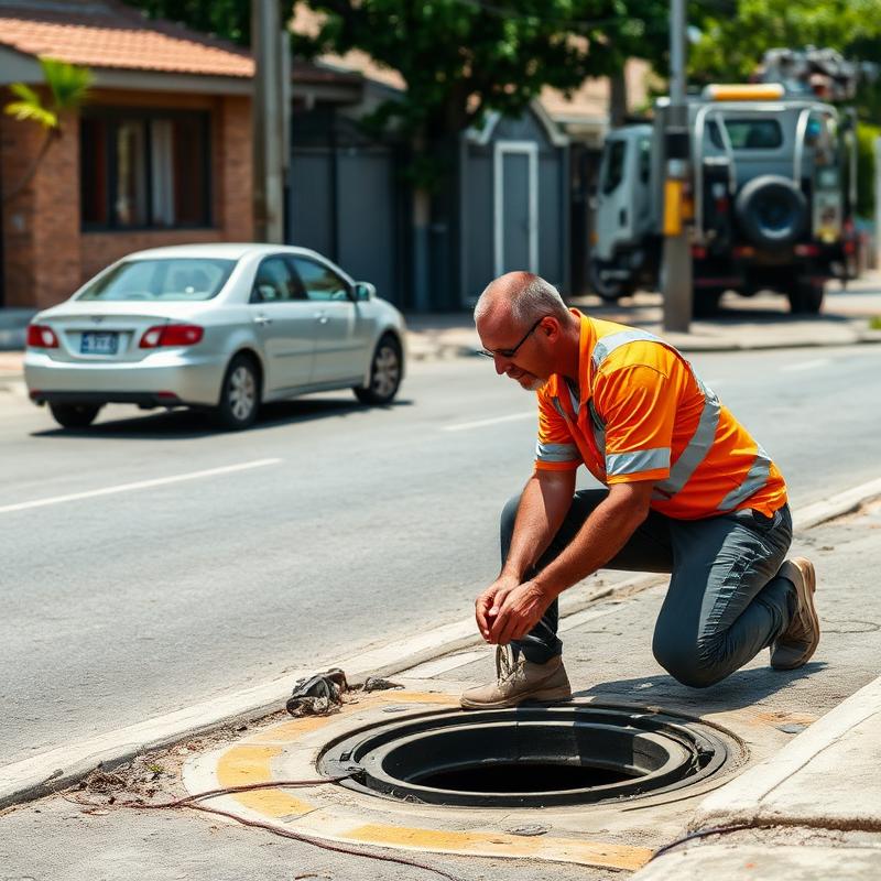 Profissional trabalhando em esgoto na rua