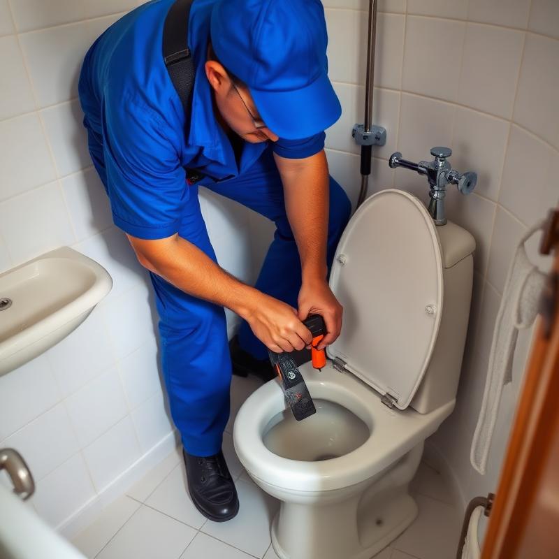 Técnico desentupindo vaso sanitário