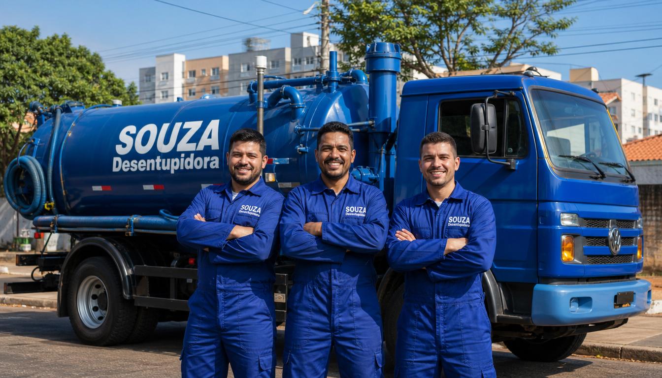 Equipe Desentupidora Souza uniformizada em frente ao caminhão de atendimento em Londrina